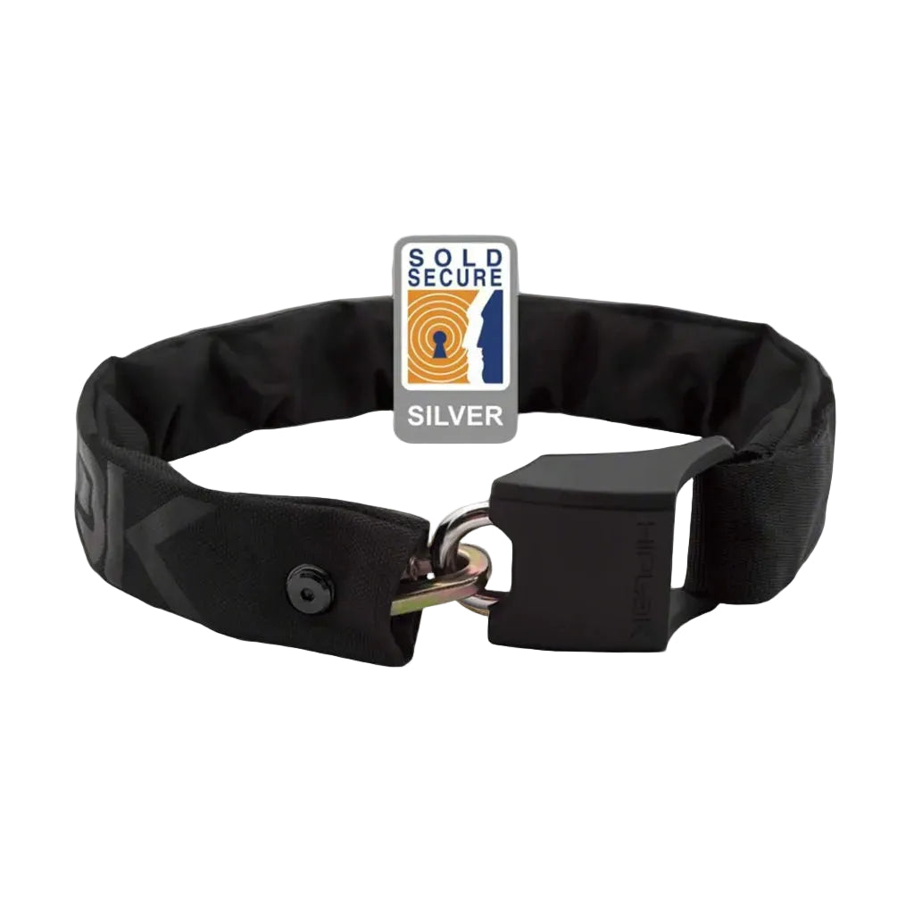 A wearable chain lock with a black fabric sleeve and a silver-colored padlock, displaying the Gold Secure rating badge.