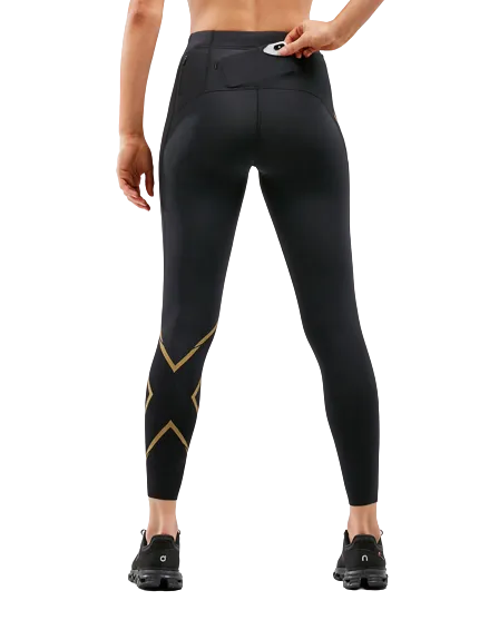 MCS Run Women’s Compression Tights (Black/Gold Reflective) – 2XU premium cycling Compression Tights in India from Cobbled Climbs