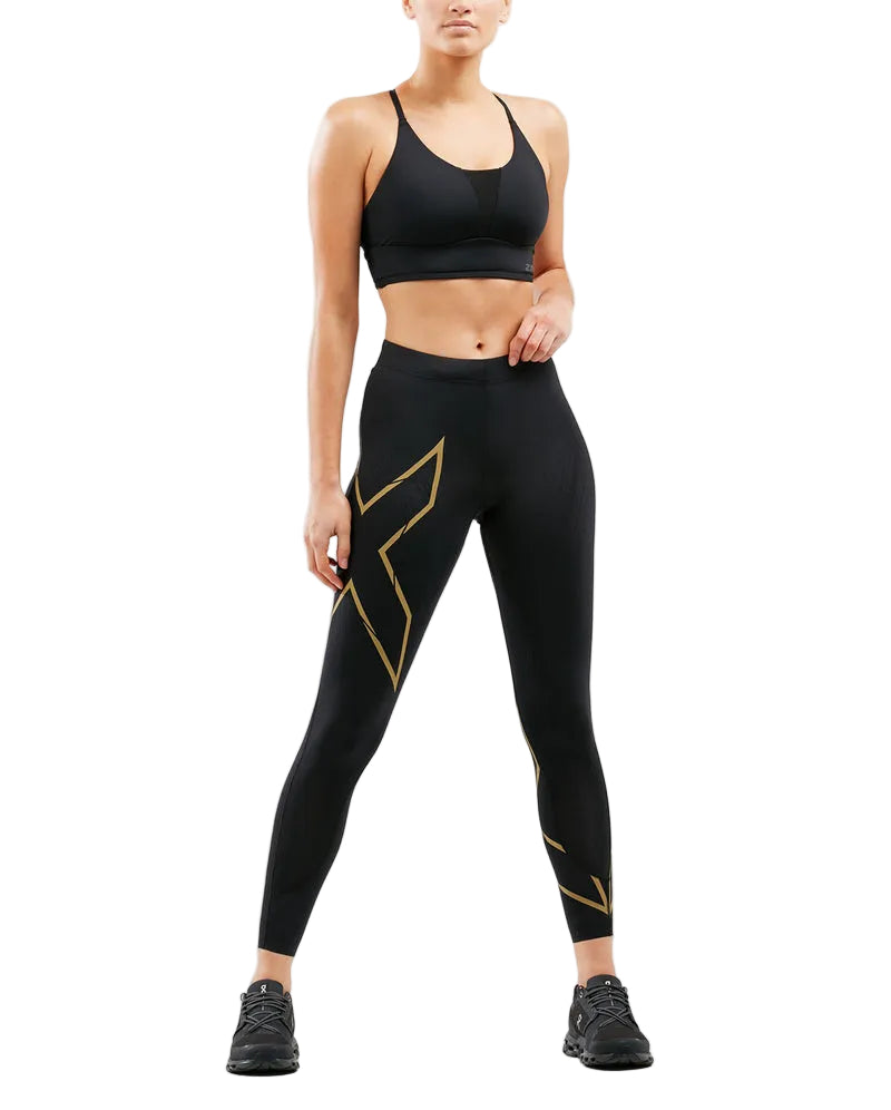 MCS Run Women’s Compression Tights (Black/Gold Reflective) – 2XU premium cycling Compression Tights in India from Cobbled Climbs