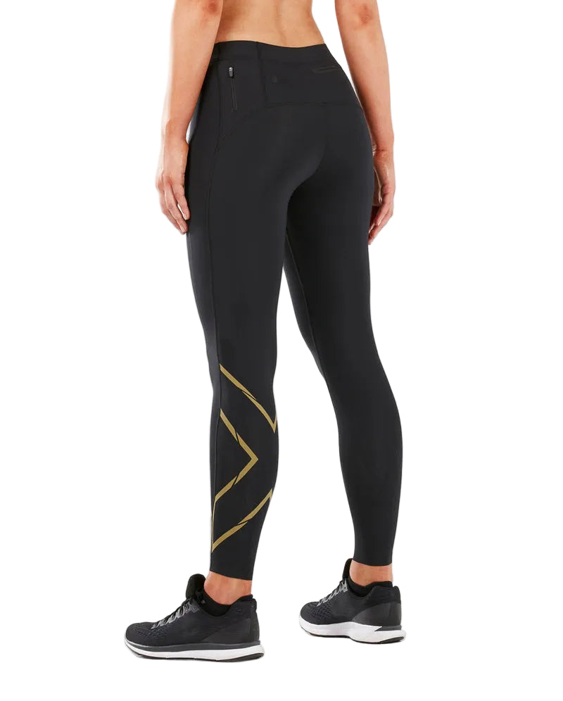 MCS Run Women’s Compression Tights (Black/Gold Reflective) – 2XU premium cycling Compression Tights in India from Cobbled Climbs