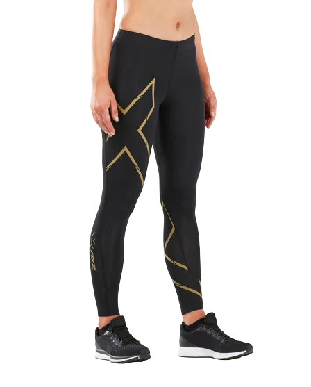 MCS Run Women’s Compression Tights (Black/Gold Reflective) – 2XU premium cycling Compression Tights in India from Cobbled Climbs