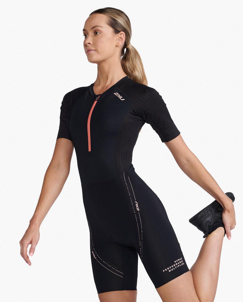 2XU Aero Sleeved Women Cycling Trisuit (Black/Hyper Coral) - BUMSONTHESADDLE